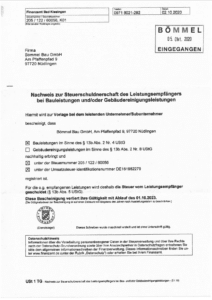 Nachweis zur Steuerschuldnerschaft Bömmel Bau